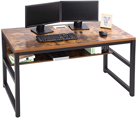 TOPSKY 55" Computer Desk with Bookshelf/Metal Desk Grommet Hole Cable Cover (Rustic Brown)