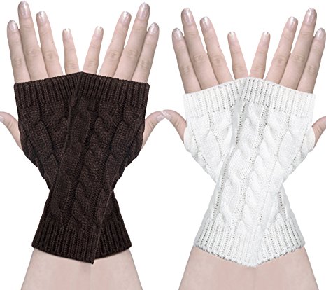 Oryer 2 Pairs Womens Winter Knit Long Fingerless Gloves - Thumbhole Arm Warmers