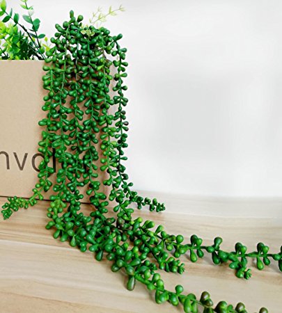 Artificial Succulent Plants, String of Pearls, 28" Hanging Basketplant, Lover Tears Plants (Green 1 pc)