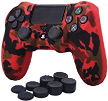 YoRHa Water Transfer Printing Camouflage Silicone Cover Skin Case for Sony PS4/slim/Pro Dualshock 4 controller x 1(red) With Pro thumb grips x 8
