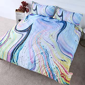 BlessLiving Liquid Colorful Marble Bedding Set Abstract Rainbow Quicksand Duvet Cover 3 Pieces Girl Pink Blue Aesthetic Bed Covers (Twin)