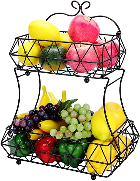 Vplus 2 Tier Fruit Basket Metal Countertop Fruit Bowl Bread Baskets Detachable Fruit Holder Kitchen Storage Baskets Stand - Screws Free Design for Fruits Breads Vegetables Snacks