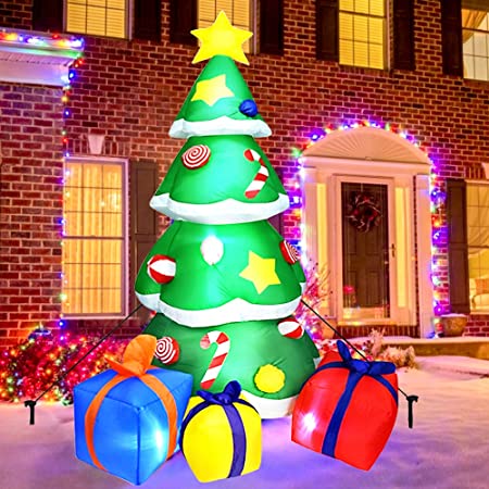 KAQINU Christmas Inflatable Tree, 7 Foot LED Light Up Giant Christmas Inflatables with 3 Wrapped Gift Boxes for Indoor Outdoor Yard Garden Christmas Decorations