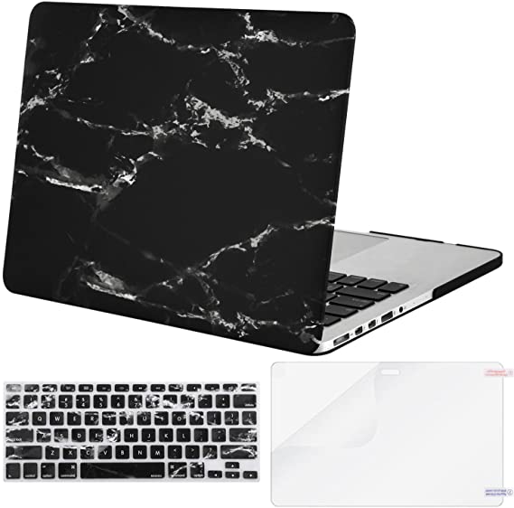 MOSISO Case Only Compatible with Older Version MacBook Pro Retina 13 inch (Model: A1502 & A1425)(Release 2015-end 2012),Plastic Pattern Hard Shell&Keyboard Cover&Screen Protector, Black Marble