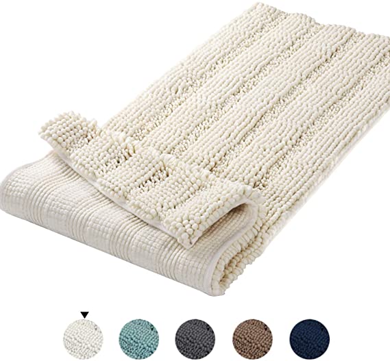 47x17 inch Oversize Non-Slip Bathroom Rug Shag Shower Mat Soft Thick Floor Mat Machine-Washable Bath Mats with Water Absorbent Soft Microfibers Long Striped Rugs for Powder Room, Ivory