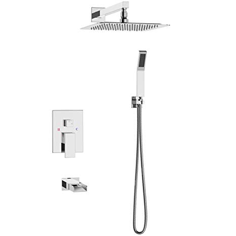 SR SUN RISE Tub Spout Rain Shower System Combo Set with Rain Shower Head and Handheld Shower Head Wall Mounted Rainfall Shower Head System Polished Chrome (Contain rough-in valve body and trim)