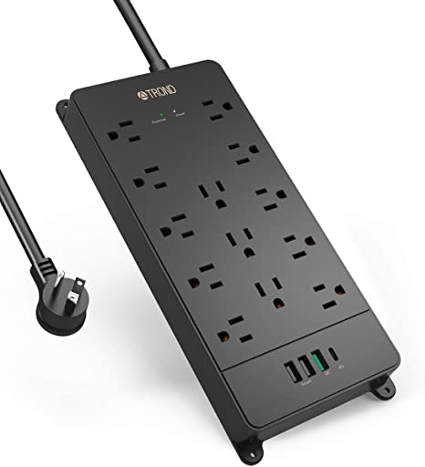 TROND USB C Power Strip Surge Protector, 13AC Widely-Spaced Outlets Expansion with 4 USB Ports, 18W Quick Charge 3.0 & USB C Power Delivery, 4000 Joules, Flat Plug, 5ft Long Extension Cord, Wall Mount