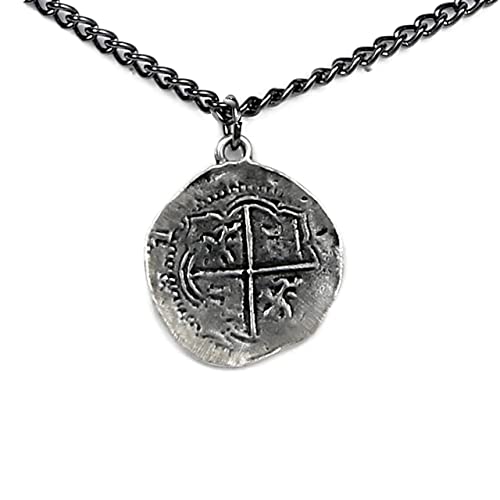 Antique Finished Pieces of Eight Coin Necklace Pewter Replica of Spanish Coin - Handcrafted in USA (18 Inch Chain Length)
