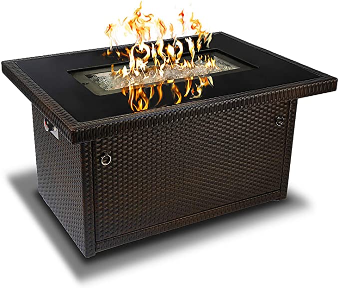 Outland Fire Table, Aluminum Frame Propane Fire Pit Table with Black Tempered Glass Tabletop Resin Wicker Panels & Arctic Ice Glass Rocks, Auto-ignition (Espresso Brown/Rectangle)
