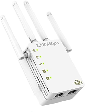 WiFi Range Extender, 1200Mbps Wireless Signal Repeater Booster, Dual Band 2.4G and 5G Expander, 4 Antennas 360° Full Coverage, Extend WiFi Signal to Smart Home & Alexa Devices（XY1200B05）