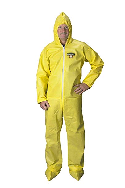 Lakeland Hooded Coverall Chemical Protection Suit - ChemMax 1 Serged Seam Coverall with Hood and Boots, Elastic Cuff, Yellow (2XL)