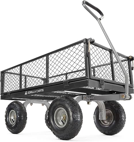 Gorilla Cart Large 800 Pound Capacity Solid Steel Outdoor Garden Multi-Use Hauling Utility Wagon Cart with Balanced 4-wheeled design and 10-inch Pneumatic Tires, Black