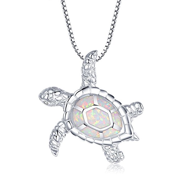 Victoria Jewelry [Health and Longevity] RhodiumPlated Silver Created White Opal Sea Turtle Pendant Necklace 18", Jewelry for Women(White)