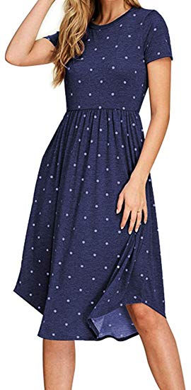 YUNDAI Women's Summer Casual Polka Dot Dresses Short Sleeve Midi Dress with Pockets