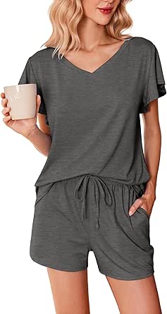 Ekouaer Women's Pajamas Set Ruffle Sleeves Sleepwear V Neck Comfy 2 Piece Pjs Loungewear Set with Pockets S-XXL