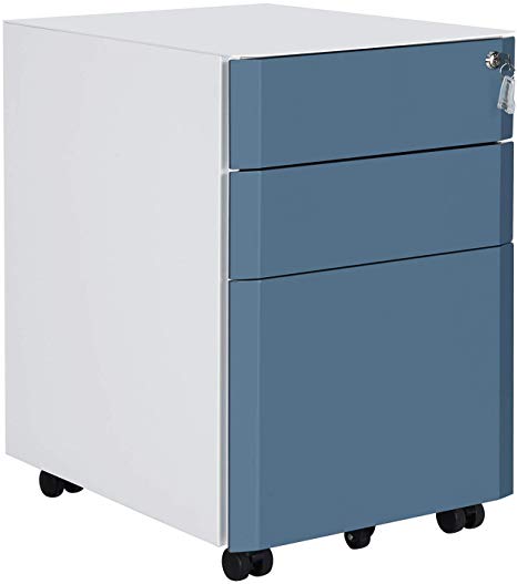 SONGMICS Mobile File Cabinet, Lockable, Metal Filing Pedestal with 3 Drawers, for Document, Stationery, Hanging Folder, White and Slate Blue UOFC70WB