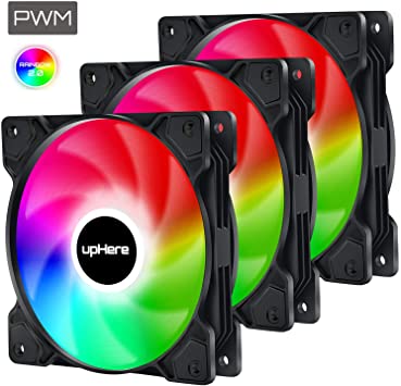 upHere 120mm 4-Pin PWM High Airflow Rainbow LED Effect Case Fan for PC Cooling,3-Pack SR12-CF4-3