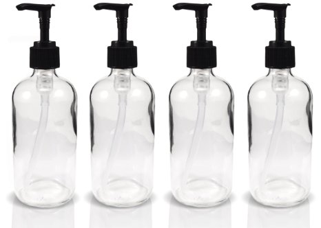8oz Clear Glass Boston Round Pump Bottles, Great as Glass Essential Oil Bottles, Glass Lotion Bottles, Glass Soap Bottles, and More (4 Pack)