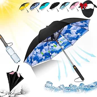 Umbrella with Fan and Mist Spray, 3 in 1 Umbrella with Fan and Mister, Uv Umbrella with Fan and Mister USB Rechargeable Summer Sunshade