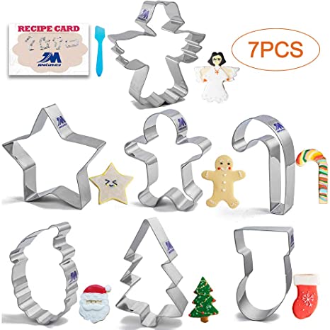 Christmas Cookie cutter Holiday Cookie cutter Set with Recipe 7 Piece Christmas Tree, Gingerbread Man, Star, Socks, Santa Face, Angel and Candy Cane for Fondant, Birthday Party Stainless Steel