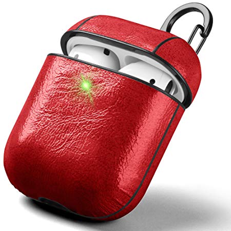 Airpods Case Leather Front LED Visible, GMYLE Protective Wireless Charging Airpods Earbuds Case Full Cover Skin with Keychain Kit Set Compatible for Apple AirPods 1 & 2 - Chili Red
