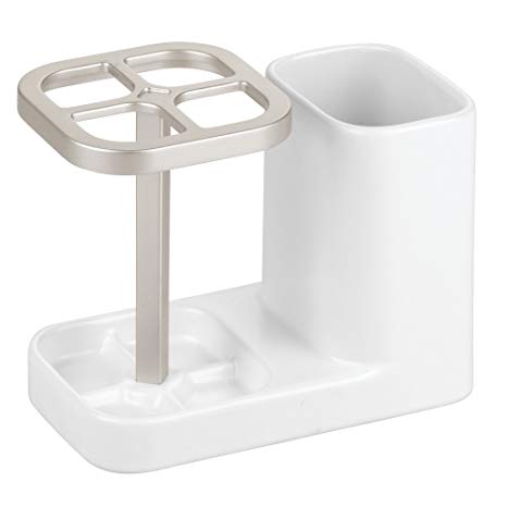 InterDesign Sedona Ceramic Toothbrush and Toothpaste Holder, Countertop Caddy for Vanity in Master, Guest, Kids', College Dorm Bathrooms, 5.75" x 3.10" x 4.49", Satin White and Brushed Nickel