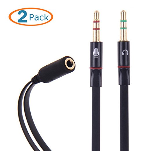 HTTX 3.5mm Female to 2 Male Gold Plated Headphone Mic Audio Y Splitter Flat Cable, (Black, 2-Pack)