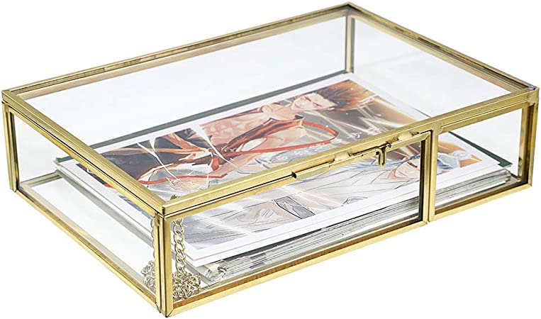 Hipiwe Gold Glass Photo Box - Vintage Photo Storage Organizer, Trinket Box Jewelry Display Organizer Keepsake Box Case Home Decor