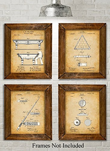 Original Pool Billiards Patent Art Prints - Set of Four Photos (8x10) Unframed - Great Gift for Pool Players, Game Rooms or Man Caves