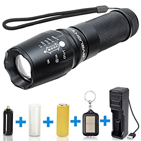 BYBLIGHT 800 Lumens CREE T6 Tactical Flashlight Torch, Adjustable Focus LED Flashlight with USB Charger and 26650 Rechargeable Battery, 5 Modes and Waterproof LED Torch for Indoor and Outdoor Use