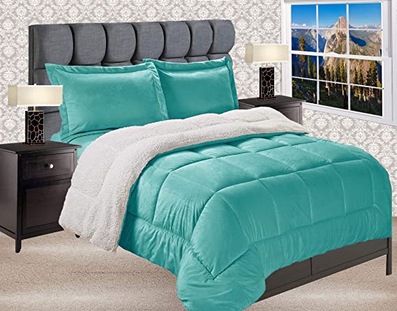 Elegant Comfort Softest, Coziest Premium Quality Heavy Weight Micromink Sherpa-Backing Reversible Down Alternative Micro-Suede 3-Piece Comforter Set, Queen, Solid Turquoise