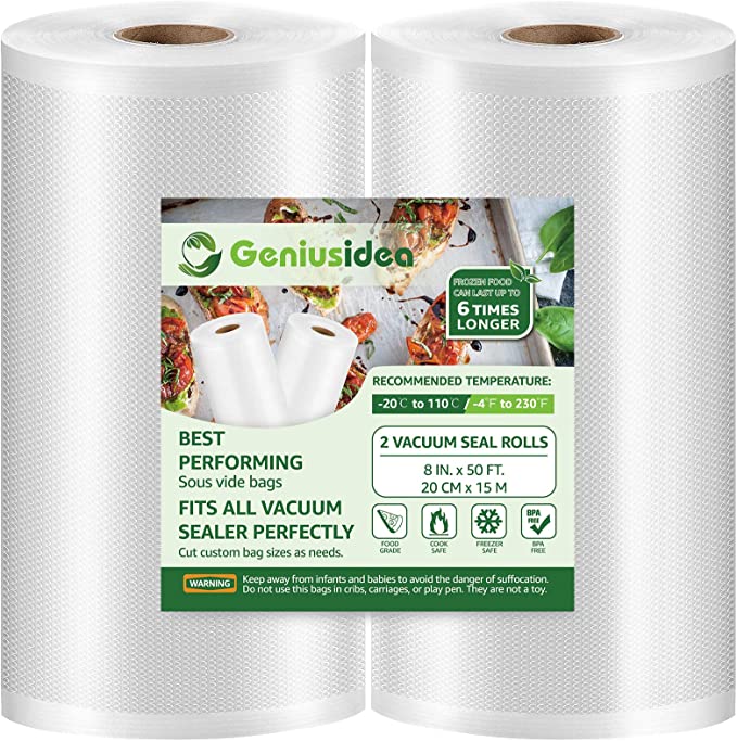 8" x 50' 2 Rolls Vacuum Sealer Bags for Food Saver (100ft) Seal a Meal Commercial Grade Food Saver Bags BPA Free Heavy Duty Great for Vac Storage Meal Prep or Sous Vide