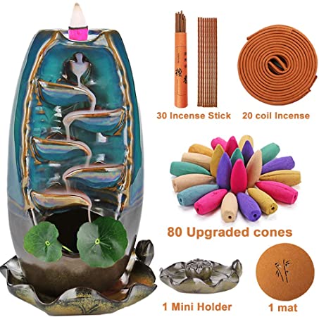 XinXu Incense Burner,5 in 1 Ceramic Backflow Waterfall Incense Holder with 7 Fragrances, Aromatherapy Ornament Home Decor with 80 Cones,30 Stick,20 Coil Incense,3 Artificial Lotus Leaf,1 Cushion