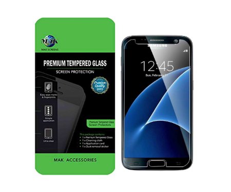 S7 SCREEN PROTECTOR MAK-Premium Quality Tempered-Glass Screen Protector for New Samsung Galaxy S7 (0.3mm) Ultra Thin Lightweight, Hardness up to 9H - Includes MAK Microfiber Cleaning Cloth and MAK Application Card ( THE SCREEN GUARD WILL ONLY COVER THE FLAT PART OF THE SCREEN NOT THE CURVED EDGE PLEASE SEE PICTURE FOR GUIDANCE) (S7 TEMPERED GLASS)