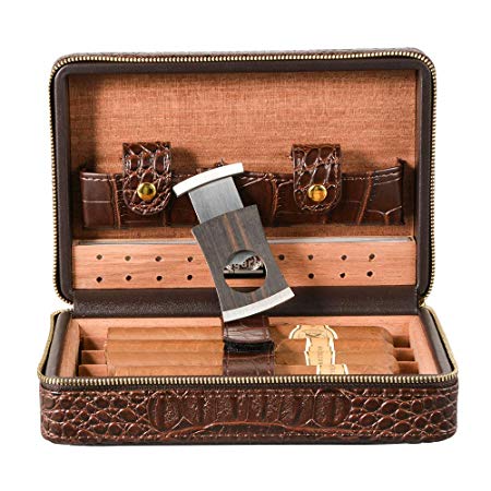 Volenx Portable Travel Leather Cigar Case, Cigar Humidor with Cigar Cutter and Humidifier for 4 Cigars