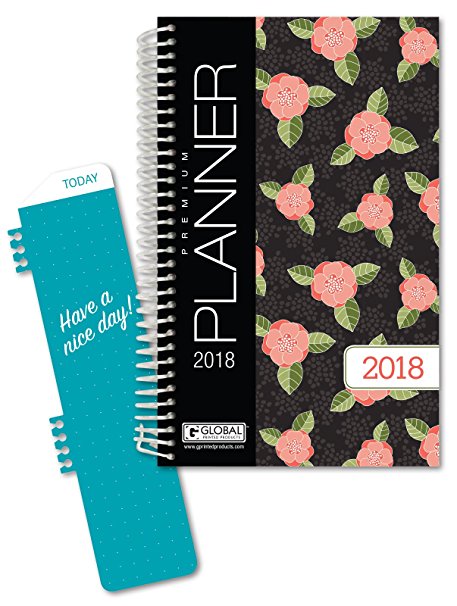 Global Printed Products - Best 2018 Planner for Productivity, Durability and Style. 5 x 8" Daily / Weekly / Monthly / Yearly Agenda. Organizer with BOOKMARK and POCKET FOLDERS (Floral Pattern)