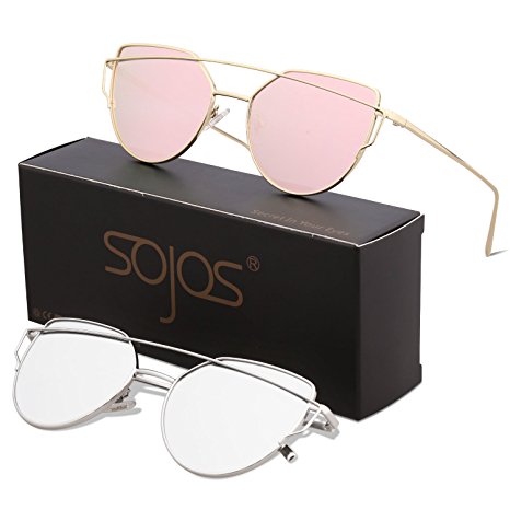 SojoS Cat Eye Mirrored Flat Lenses Street Fashion Metal Frame Women Sunglasses SJ1001