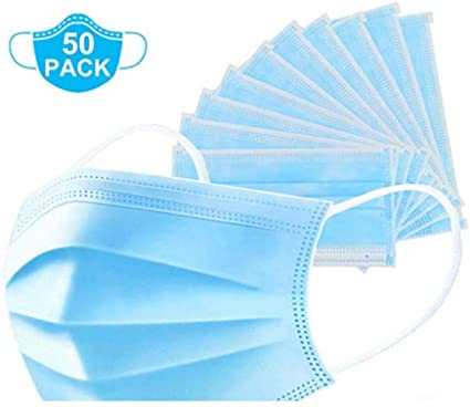 Disposable 3-Ply Face Mask Antiviral Medical Surgical Mask with Earloop Polypropylene Masks for Personal Health - 50 Pieces (Blue)
