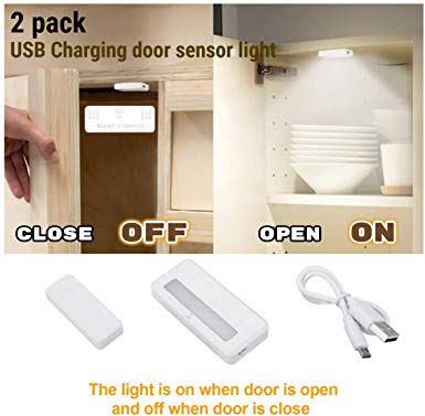 Amagle 2 Pack Magnetic Sensor Wireless Closet Light USB Rechargeable Stick LED Lights for Wardrobe Drawer Cupboard Cabinet Window Home Kitchen Basement Garage Entrance with Door (USB Cable Included)