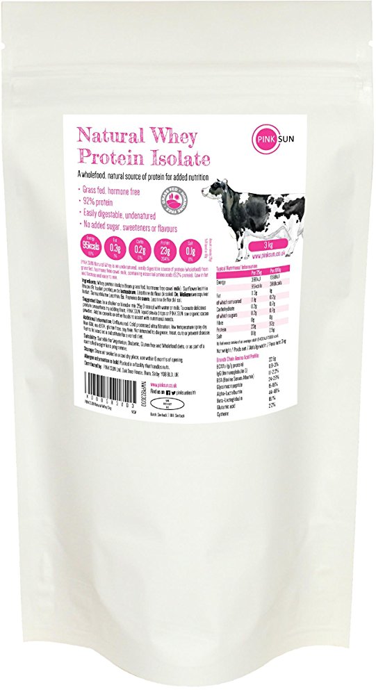 PINK SUN Natural Whey 3kg or 1kg - Grass Fed Hormone Free Whey Protein Isolate Powder (92% protein) Soy Free Gluten Free Unflavoured Bulk Buy