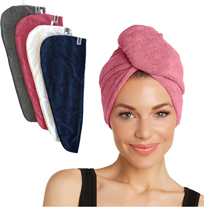 Turbie Twist Microfiber Hair Towel Wrap for Women and Men | 4 Pack | Bathroom Essential Accessories | Quick Dry Hair Turban for Drying Curly, Long & Thick Hair (Pink, Blue, Grey, White)