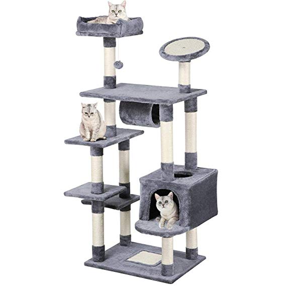 Yaheetech 62-inch Cat Tree Condo with Scratching Post Flush Perch and Tunnel, Cat Tower Furniture Gray