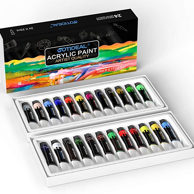 GOTIDEAL Acrylic Paint Set, 24 Colors/Tubes(23ml, 0.77 oz) Non Toxic Non Fading,Rich Pigments for Artist, Hobby Painters, Adults & Kids, Ideal for Canvas Wood Clay Fabric Ceramic Craft Supplies