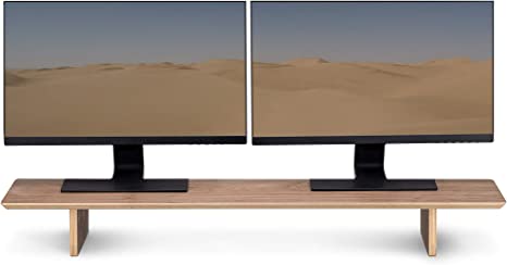 Navaris Dual Monitor Stand Riser - Real Wood Double Width Desk Shelf for Holding 2 Computer Screens - 42.9" Wide x 9.1" Deep x 4.7" High - Walnut