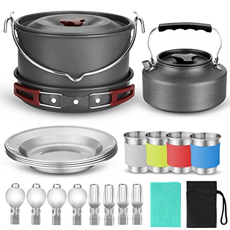 Odoland Camping Cookware Kit for 3-4 People Portable Stainless steel Cooking Set for Campfire Backpacking Pans and Pots Plates Kettle Gear for Outdoor Hiking Picnic and Trekking