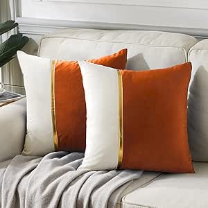 Fancy Homi 2 Packs Fall Decorative Throw Pillow Covers 18x18 Inch for Living Room Couch Bed, Brunt Orange and White Velvet Patchwork with Gold Leather, Luxury Home Decor Square Cushion Case 45x45 cm