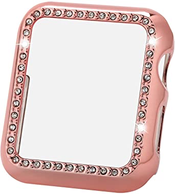 Greaciary Sparkle Compatible with Apple Watch 44mm,Compatible with iWatch Face Bling Crystal Diamond Plate Cover Protective Frame for Apple Watch 5/4 Women(Rhinestone-Rose Pink, 44mm)