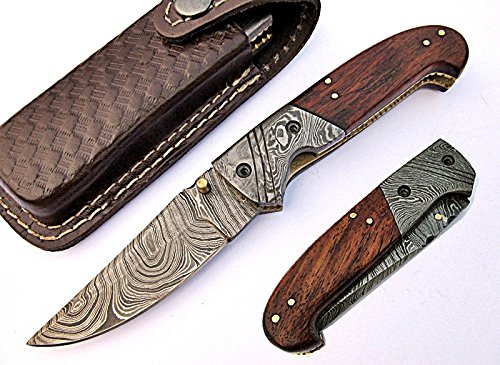 Deluxe Damascus Steel Blade Pocket Knife Wood Handle
