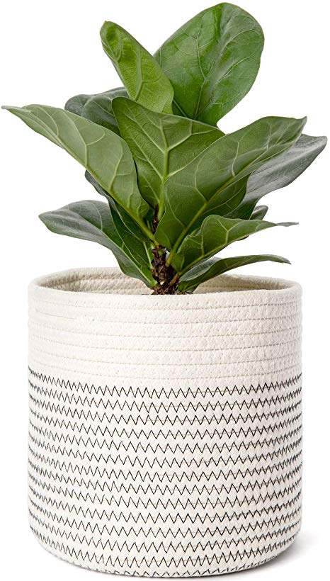 Mkono Cotton Rope Plant Basket Modern Table Desktop Indoor Planter Up to 7 Inch Flower Pot Woven Storage Organizer with Handles Home Decor, 8" x 7.5"