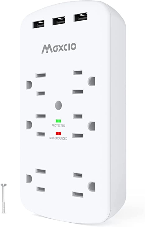 Maxcio Multiple Wall Outlet with 3 USB Ports, 6-Outlet Extender, Surge Protector(1728J), Multi Plug Outlet with Top Phone Holder, Wall Outlet Adapter for Home, School, Office, ETL Listed